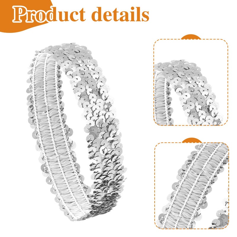 Exclaith 2Pcs Silver Sequins Headband for Women, Elastic Glow Stretch Sparkle Glitter Fashion Adjustable Hair Band Accessories 80s 90s Vintage for Disco Party Club Concert Women - Image 3
